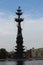 View from the ship to the monument to Peter the first summer, standing on the Moscow River