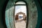 A view of ships on the sea from a doorway of a lighthouse, Egypt.