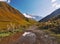 View of Shkhara glacier from the valley near Ushguli in Caucasus