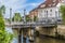 A view of the Shoemakers bridge over the River Ljubljanica in Ljubljana,
