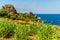 A view of shoreline at the abandoned settlement of Scoppello, Sicily with a traditional tuna fishing ground offshore