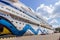 A view shows the AIDAAURA Passenger Luxury cruise ship under flag Italy moored in Marine passenger terminal of the Port in Odessa