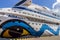 A view shows the AIDAAURA Passenger Luxury cruise ship under flag Italy moored in Marine passenger terminal of the Port in Odessa
