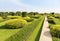 View of shrub trimming ornamental in public green park and grass field