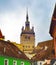 View of Sighisoara Clock Tower in the rainy day. Romania