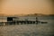 View of the silhouette of the bridge on the sea during sunset in Guanabara Bay in Rio de Janeiro