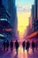 View of silhouettes of people in a futuristic city with skyscrapers, at sunset. Vertical image