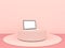 The view is a simulation of laptops white screen resting on a Round marble Podium on the pastel pink floor, Isolated on pink backg