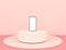 The view is a simulation of Smartphone white screen resting on a Round marble Podium on the pastel pink floor, Isolated on pink ba