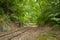 View of a Single Railroad Track Rounding a Curve in the Middle of a Cut in the Hill