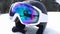 View of a ski helmet with sunglasses reflecting a woman. Landscape, industry, sports concept