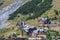 View from ski lift on Les deux Alpes and Alpine mountains peaks in summer, Isere, France