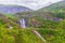 View of Skjervsfossen waterfall on a rainy summer day.Norway