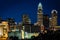 View of the skyline of Uptown at night, in Charlotte, North Carolina.