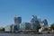 View of skyscrapers of Central business district. of London from Thames river