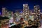 View of skyscrapers in downtown at night, in Toronto, Ontario.