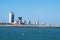 View of the skyscrapers, hotels, recreation areas of South Padre Island and the pier with fishermen. South Padre Island is a