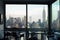 View of skyscrapers of New York City Manhattan through windows of apartment. Top view of midtown of Manhattan.