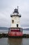 View of Sleepy Hollow lighthouse in Tarrytown over Hudson River on a cloudy day