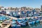 View of the small fishing port of Setubal with its typical blue