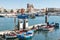 View of the small fishing port of Setubal with its typical blue