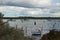 view of small fishing sail boats tide up in port in an inlet at Werribee south beach, Werribee Victoria