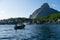 View on the small harbor of fishing village, Summer Lofoten islands, Norway.