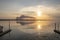 View of the small port of the lake at sunset