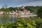 View at the small town Hirschhorn with castle and Neckar, Odenwald, Hesse, Germany