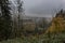 View of a small town in the valley of the river Sazava over the trees crowns under the dark clouds