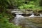 View of a small waterfall flowing downstream in the forest