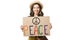 View of smiling hippie girl in straw hat holding placard with inscription isolated on white