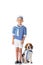 View of smiling preschooler child in sailor costume and beagle dog on white