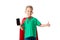 View of smiling preschooler kid in red hero cloak showing smartphone with blank screen and showing thumb up