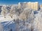 View of snow-covered city park from above. Moscow, Russia