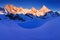 View of snow covered landscape with Dent Blanche mountains and Weisshorn mountain in the Swiss Alps near Zermatt. Panorama