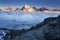 View of snow covered landscape with Weisshorn mountain in the Swiss Alps near Zermatt. Panorama of the Weisshorn near Zermatt