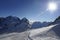 View of snow mountains and ski slope in Switzerland Europe on a cold sunny day