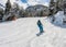 View of Snowboarder on the slopes of the Ski resort GrandVallira. Pyrenees mountains. Andorra