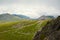 View from Snowdon Ranger path at a mountain train. Highest mountain in Wales. Snowdonia National Park.