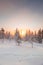 View of the snowy landscape of Finnish tundra during sunrise in Rovaniemi area of Lapland region above the Arctic Circle. Frosty