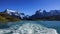 View of the snowy peaks of Torres del Paine from a boat. Patagonia