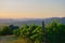 View of the Soave vineyards before the mountains in Veneto region at sunset
