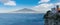 View from Sorrento town on Naples coast and Mount Vesuvius. Sea coastline panorama Italy