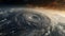 View from space from above on a hurricane swirl of clouds and wind, a storm front of bad weather and natural disaster. AI