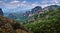 View of spectacular rocks of Meteora, Thessaly, Greece and valley. Nunnery of Moni Agias Varvaras Roussanou and Varlaam