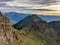 View from the Speer mountain peak in the toggenburch towards Federispitz and the Glarus Alps. Sunset in Switzerland.