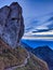 View from the Speer mountain peak in the toggenburch towards Federispitz and the Glarus Alps. Sunset in Switzerland.