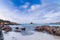 View of the Spiaggia la Pelosa with the Pelosa Watchtower near Stintino in Sardinia