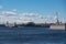 View  spit of Vasilievsky Island with Rostral Columns and Naryshkin bastion of the Peter and Paul Fortress,  St. Petersburg,